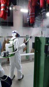 Disinfectant spraying in common areas at Efemcukuru, Turkey.