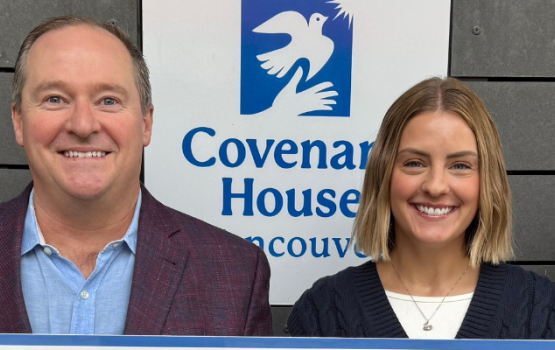 Eldorado's Executive Vice President of Technical Services and Operations, Simon Hille, presents a cheque for $55,670 to Covenant House Vancouver staff.